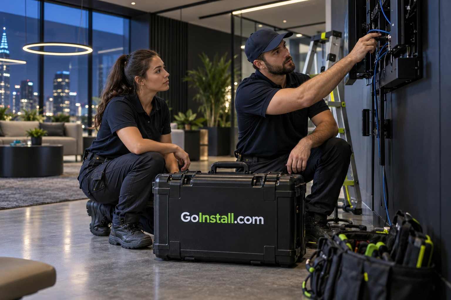 An installation team reviewing equipment and the next job