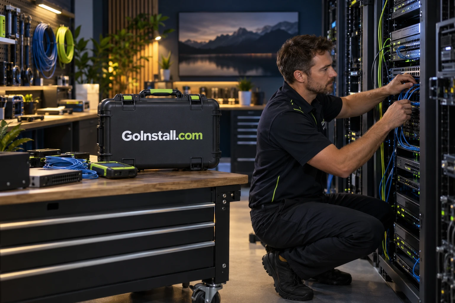 An installation technician at work in a modern equipment workshop