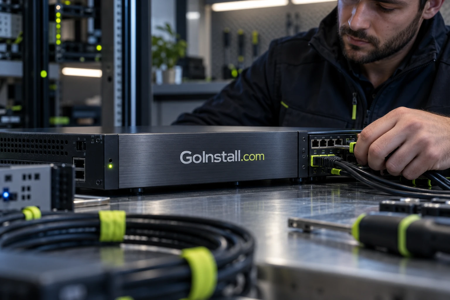 A professional preparing an installation in a modern workplace